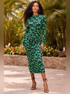 Farm Rio Ruched floral-print stretch-mesh dress Long Sleeve Bodycon Size M